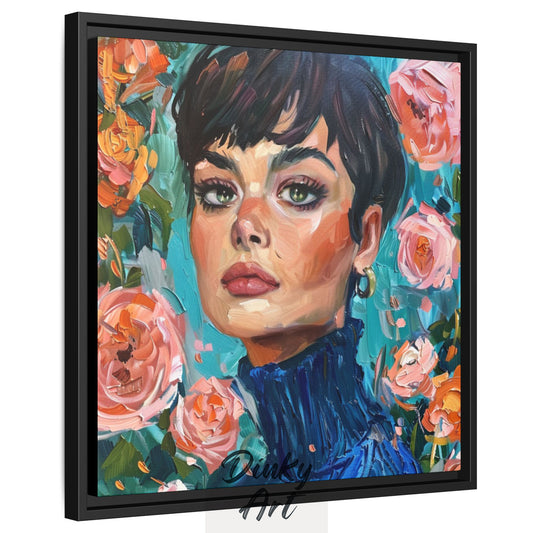 Shop “Roses and Confidence” – elegant floral portrait of a woman in blue turtleneck. Available as print or hand-painted oil on canvas, rolled or stretched.