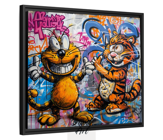 Street Art Cat and Tiger Mural | Oil on Canvas | Custom Sizes | Free Shipping Thailand | Dinky Art