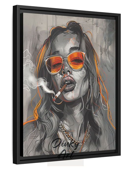 Shop “Femme Rebel” – bold modern pop art of a woman with orange sunglasses and attitude. Available as print or hand-painted oil on canvas at Dinky Art.