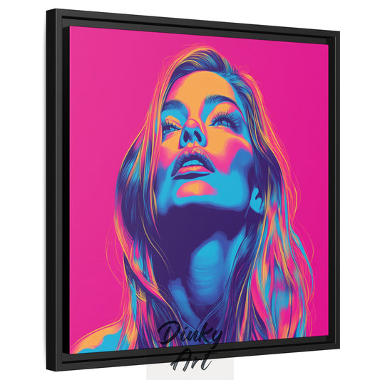 Shop “Electric Muse” – bold neon pop art portrait in vivid pink, blue, and orange. Available as print or hand-painted oil on canvas at Dinky Art.