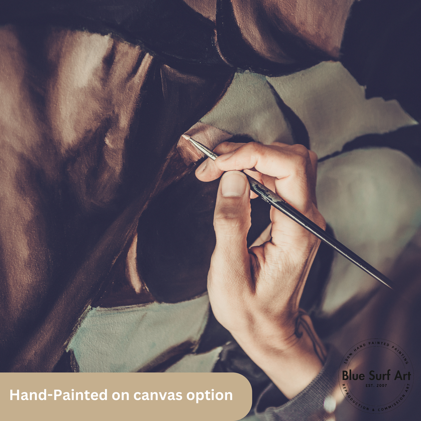 Close-up of a hand holding a paintbrush with a blurred background, featuring 'Blue Surf Art' branding.