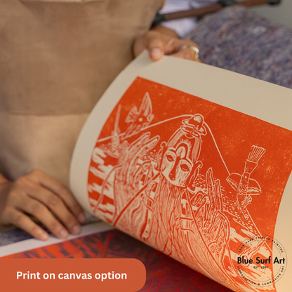 Person holding a rolled-up canvas print with artistic design, featuring 'Blue Surf Art' branding.