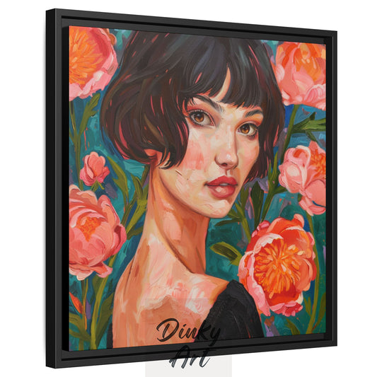 Shop “Blossom Gaze” – elegant modern portrait of a woman with short hair surrounded by coral flowers. Available as print or hand-painted oil on canvas.