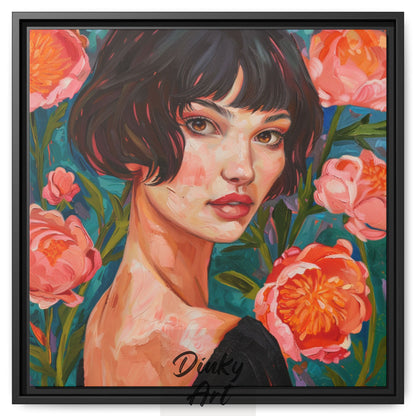 Shop “Blossom Gaze” – elegant modern portrait of a woman with short hair surrounded by coral flowers. Available as print or hand-painted oil on canvas.