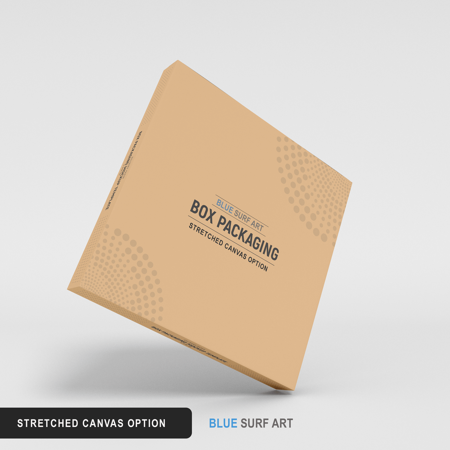 Cardboard box packaging with 'Blue Surf Art' branding on a gray background