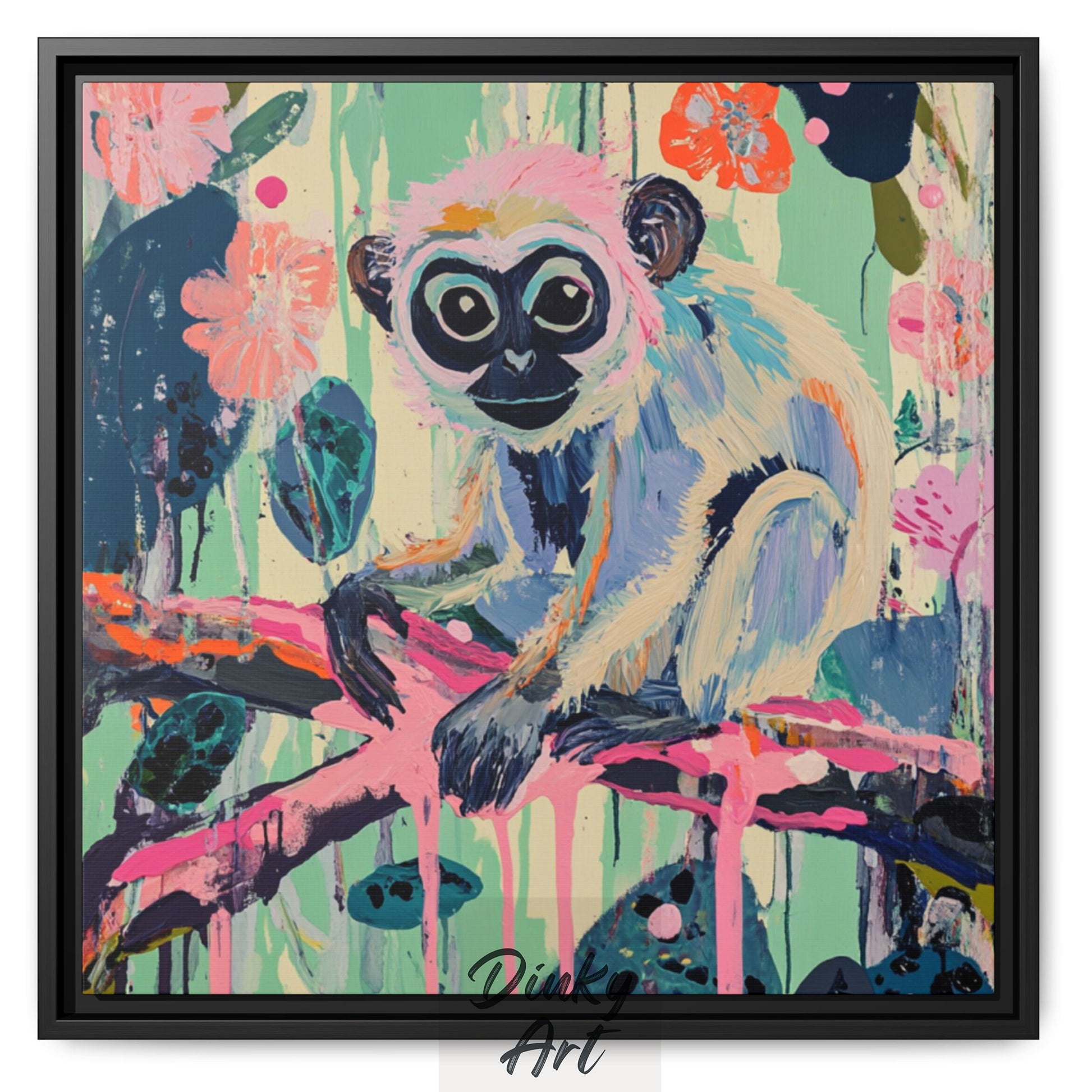 Shop “Playful Monkey in Paradise” – colorful tropical wall art by Dinky Art. Available as print or hand-painted oil on canvas, rolled or stretched, in various sizes.