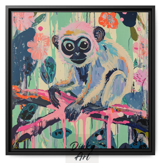 Shop “Playful Monkey in Paradise” – colorful tropical wall art by Dinky Art. Available as print or hand-painted oil on canvas, rolled or stretched, in various sizes.