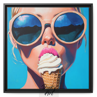 Shop “Summer Crush” – a bold pop art oil painting of a girl with sunglasses enjoying ice cream. Available as print or hand-painted canvas at Dinky Art.