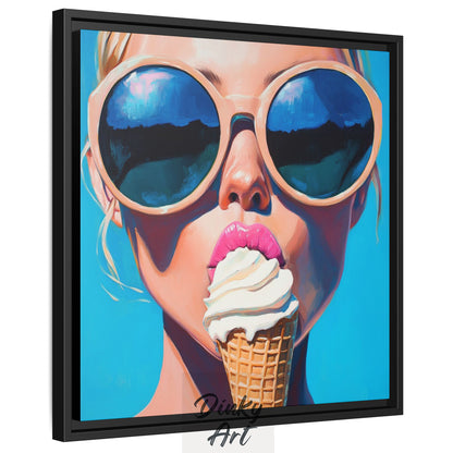 Shop “Summer Crush” – a bold pop art oil painting of a girl with sunglasses enjoying ice cream. Available as print or hand-painted canvas at Dinky Art.