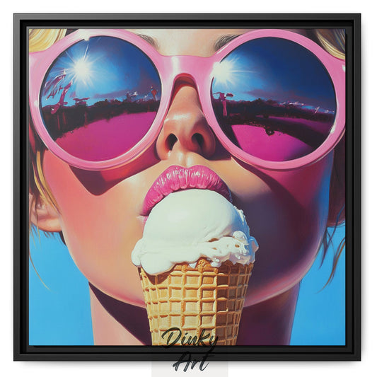 Shop “Summer Crush” – a bold pop art oil painting of a girl with sunglasses enjoying ice cream. Available as print or hand-painted canvas at Dinky Art.