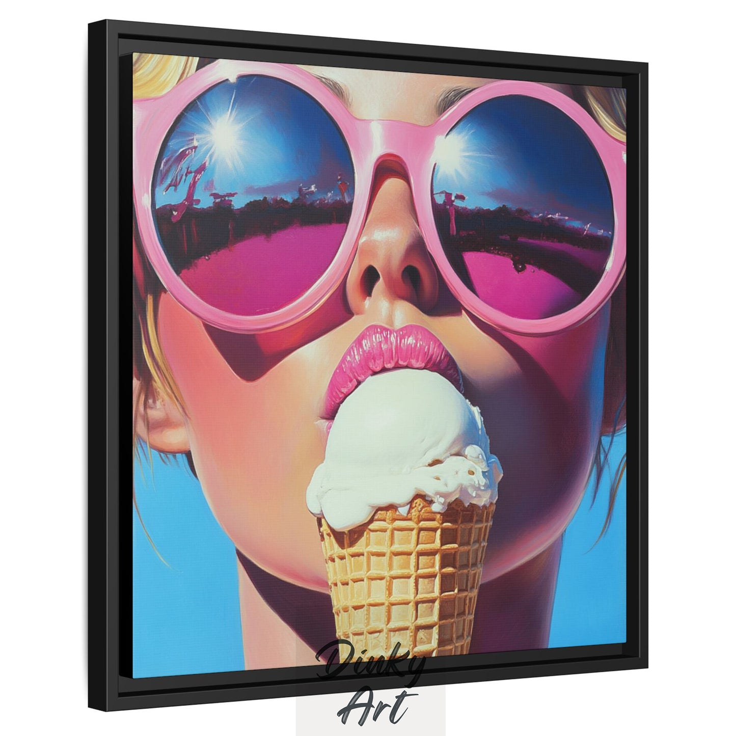 Shop “Summer Crush” – a bold pop art oil painting of a girl with sunglasses enjoying ice cream. Available as print or hand-painted canvas at Dinky Art.