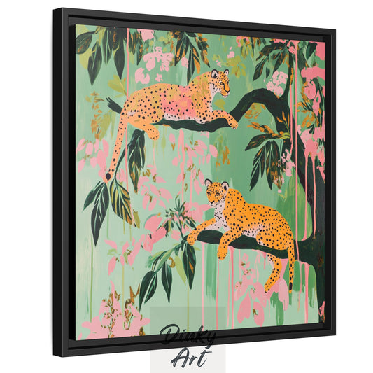 Shop “Golden Leopards in Bloom” – tropical jungle wall art by Dinky Art. Available as hand-painted oil on canvas or print, rolled or stretched, in various sizes.