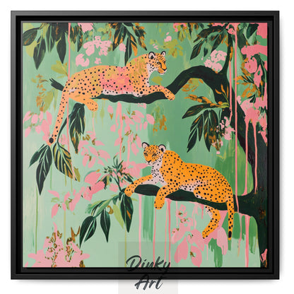 Shop “Golden Leopards in Bloom” – tropical jungle wall art by Dinky Art. Available as hand-painted oil on canvas or print, rolled or stretched, in various sizes.