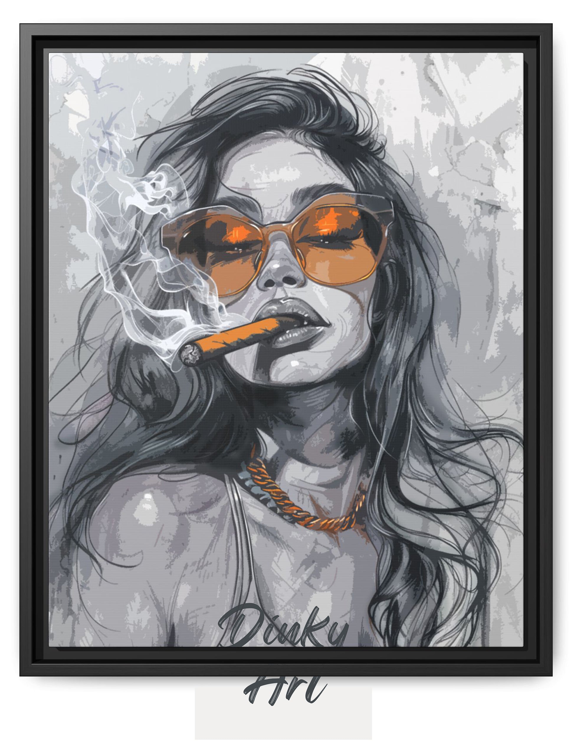 Shop “Femme Rebel” – bold modern pop art of a woman with orange sunglasses and attitude. Available as print or hand-painted oil on canvas at Dinky Art.