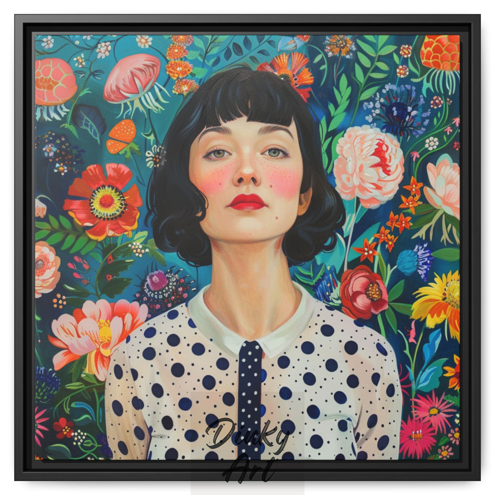 Shop “Polka Bloom” – a vivid floral portrait of a woman in polka dots. Available as print or hand-painted oil on canvas, rolled or stretched at Dinky Art.