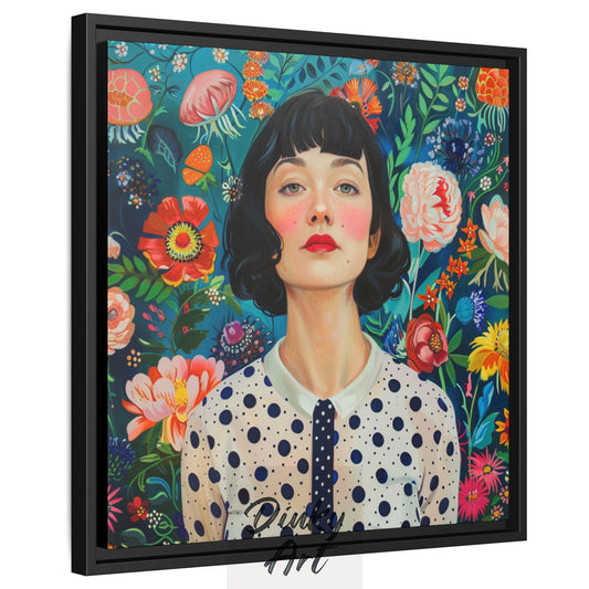 Shop “Polka Bloom” – a vivid floral portrait of a woman in polka dots. Available as print or hand-painted oil on canvas, rolled or stretched at Dinky Art.