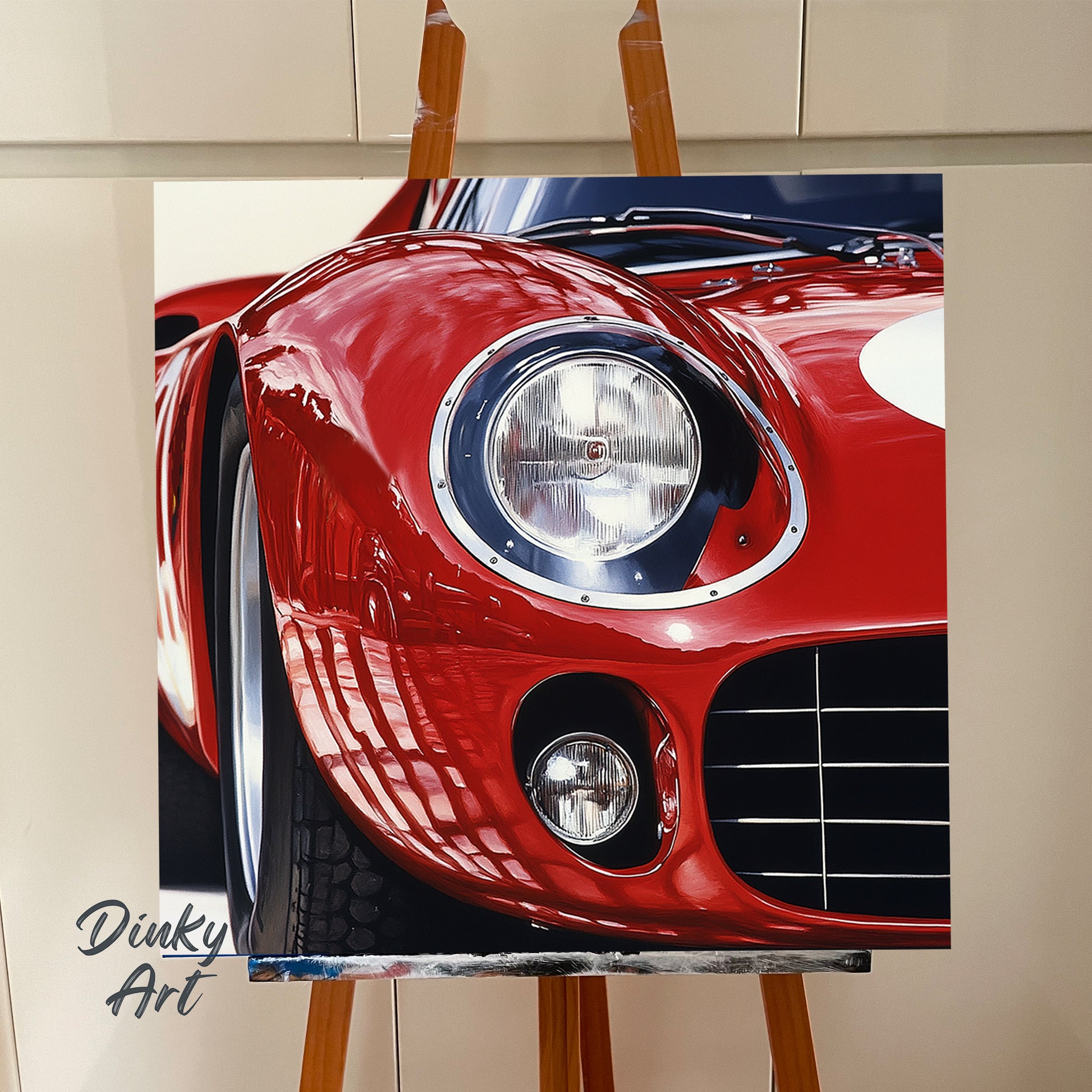 Shop “Red Velocity” – a dynamic red sports car artwork full of shine and motion. Available as hand-painted oil on canvas or fine art print at Dinky Art.