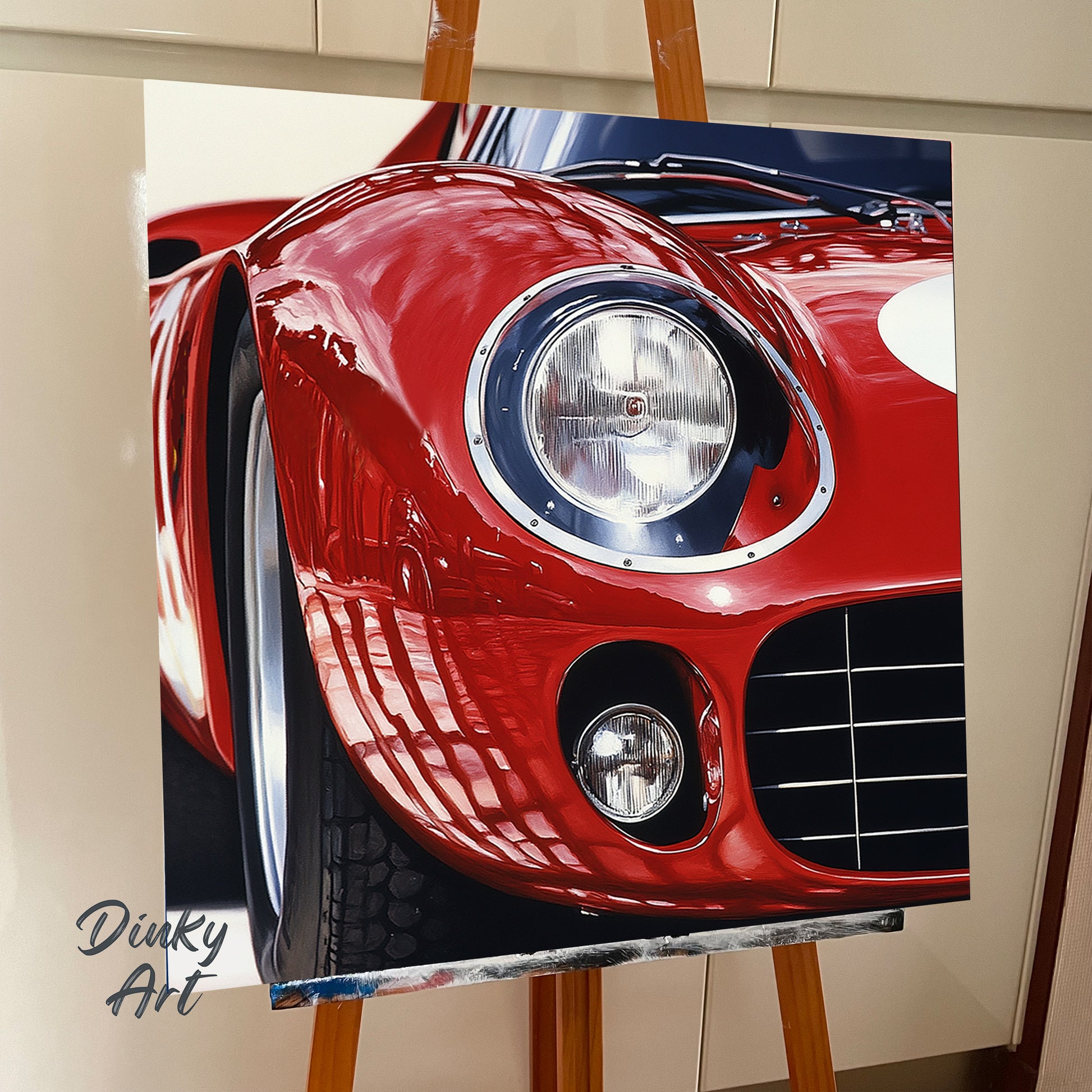 Shop “Red Velocity” – a dynamic red sports car artwork full of shine and motion. Available as hand-painted oil on canvas or fine art print at Dinky Art.
