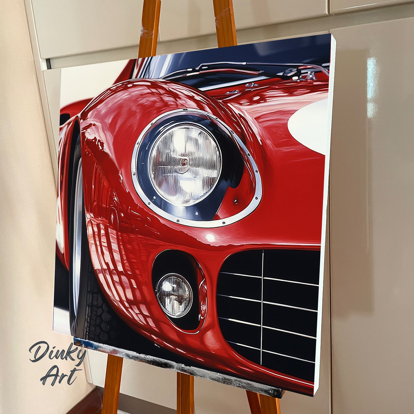Shop “Red Velocity” – a dynamic red sports car artwork full of shine and motion. Available as hand-painted oil on canvas or fine art print at Dinky Art.