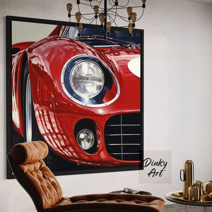 Shop “Red Velocity” – a dynamic red sports car artwork full of shine and motion. Available as hand-painted oil on canvas or fine art print at Dinky Art.