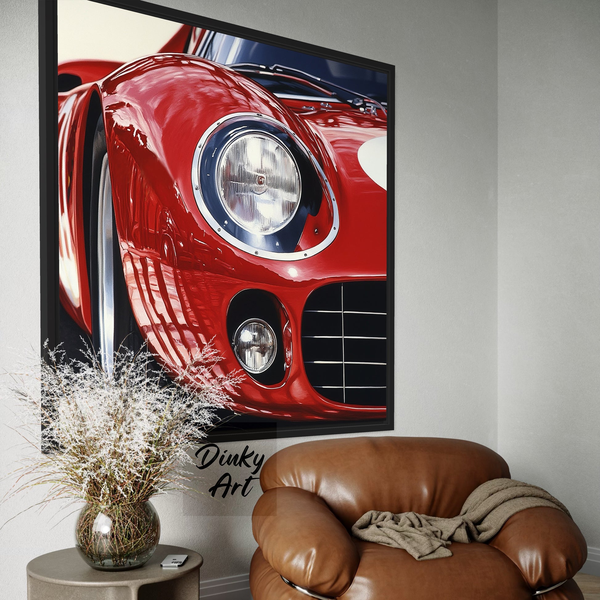 Shop “Red Velocity” – a dynamic red sports car artwork full of shine and motion. Available as hand-painted oil on canvas or fine art print at Dinky Art.