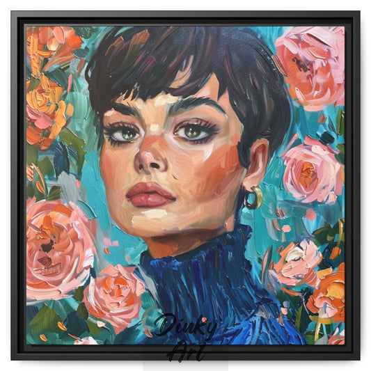 Shop “Roses and Confidence” – elegant floral portrait of a woman in blue turtleneck. Available as print or hand-painted oil on canvas, rolled or stretched.