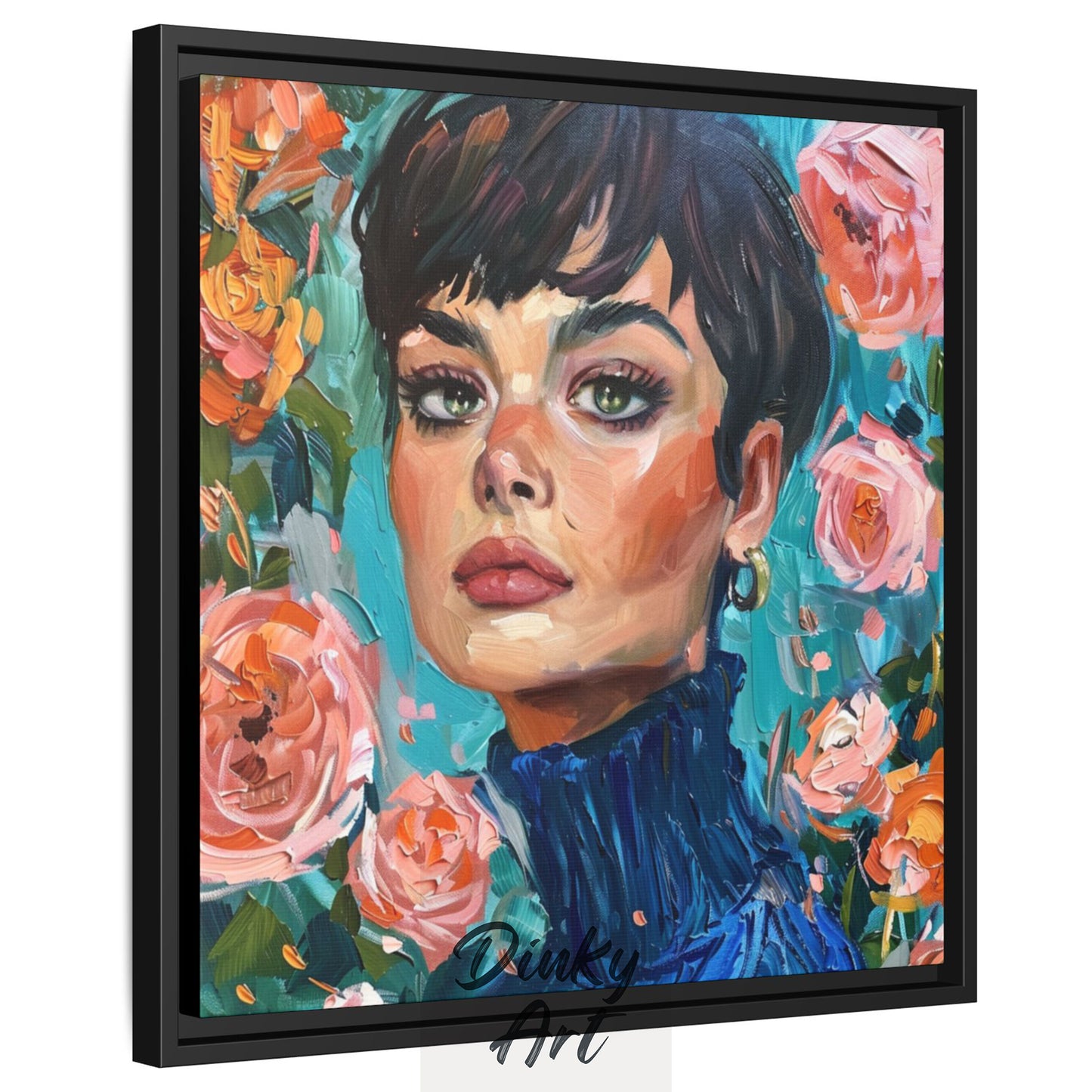 Shop “Roses and Confidence” – elegant floral portrait of a woman in blue turtleneck. Available as print or hand-painted oil on canvas, rolled or stretched.