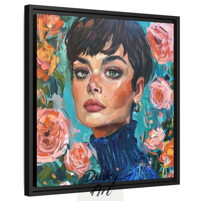 Shop “Roses and Confidence” – elegant floral portrait of a woman in blue turtleneck. Available as print or hand-painted oil on canvas, rolled or stretched.