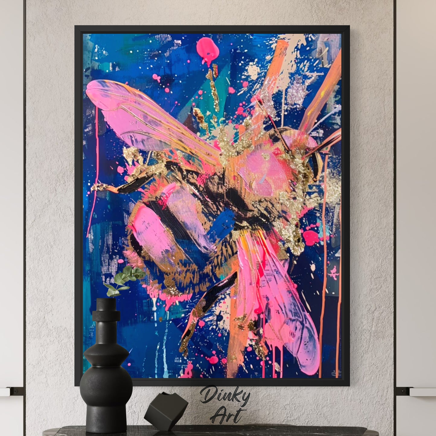 Abstract art painting with vibrant colors on a wall, featuring the brand 'Dinky Art'.