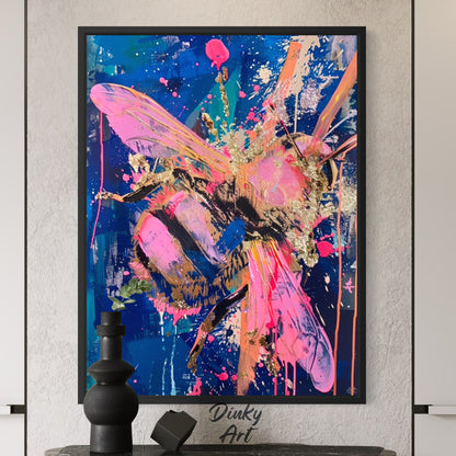 Abstract art painting with vibrant colors on a wall, featuring the brand 'Dinky Art'.
