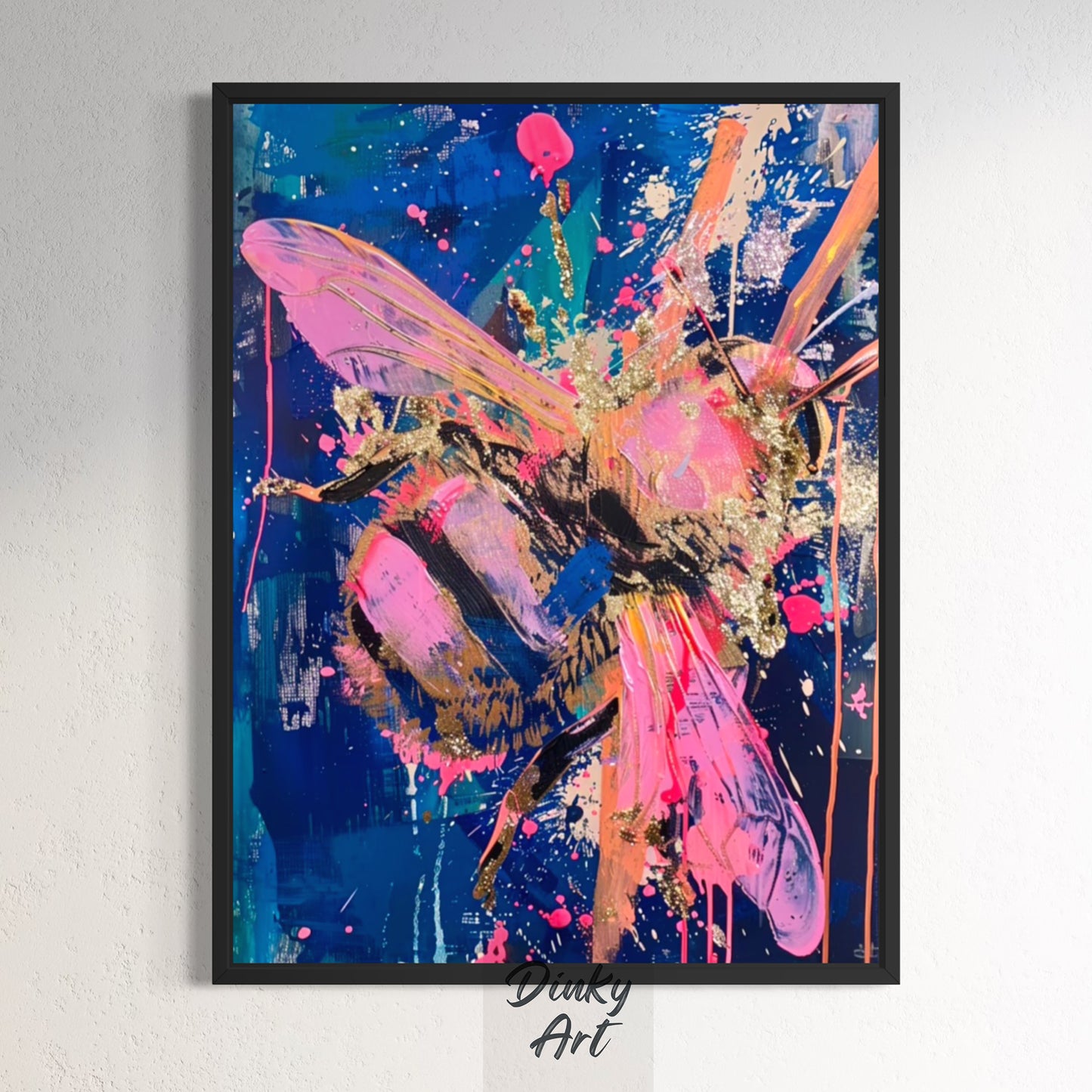 Colorful abstract painting of a bee on a white wall with 'Ducky Art' branding.