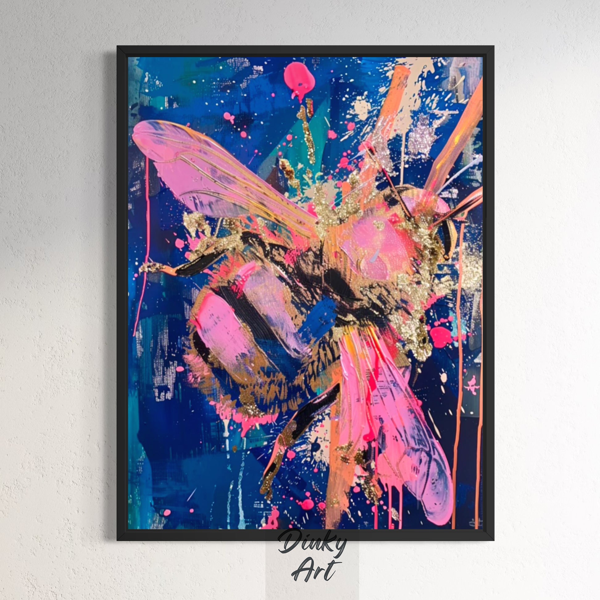 Colorful abstract painting of a bee on a white wall with 'Ducky Art' branding.