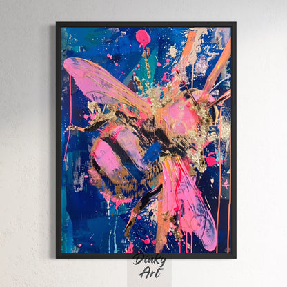 Colorful abstract painting of a bee on a white wall with 'Ducky Art' branding.