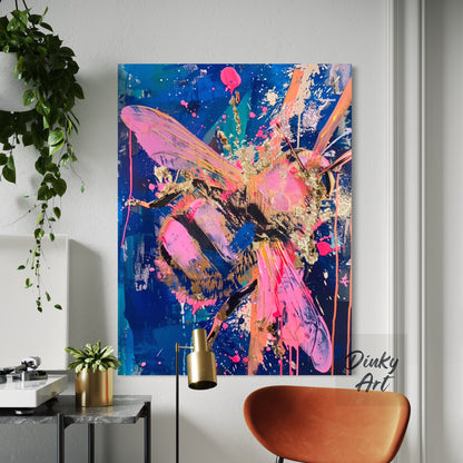 Abstract painting of a bee on a wall in a modern interior setting with a plant and chair.