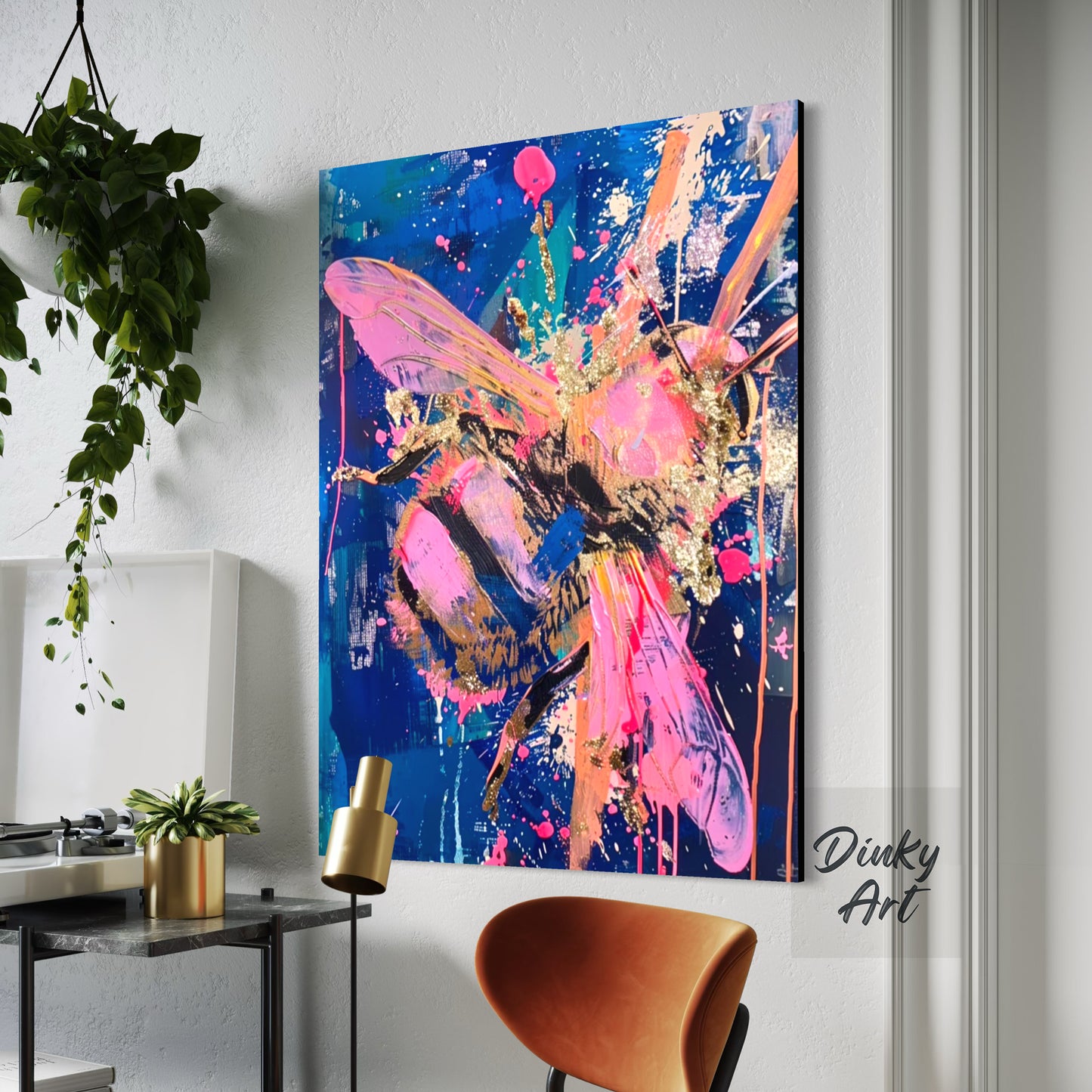 Abstract painting of a fairy on a blue background in a modern interior setting.
