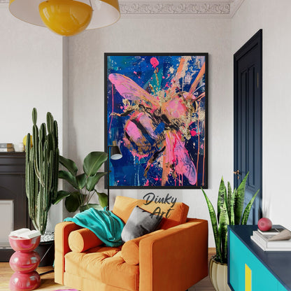 Living room with an orange sofa, colorful abstract painting, and decorative plants.