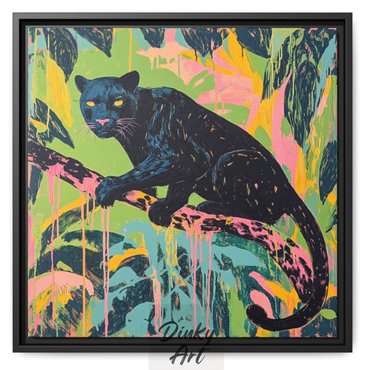 Shop “Midnight Panther in Paradise” – exclusive Black Panther wall art by Dinky Art. Available as print or hand-painted oil on canvas, rolled or stretched.