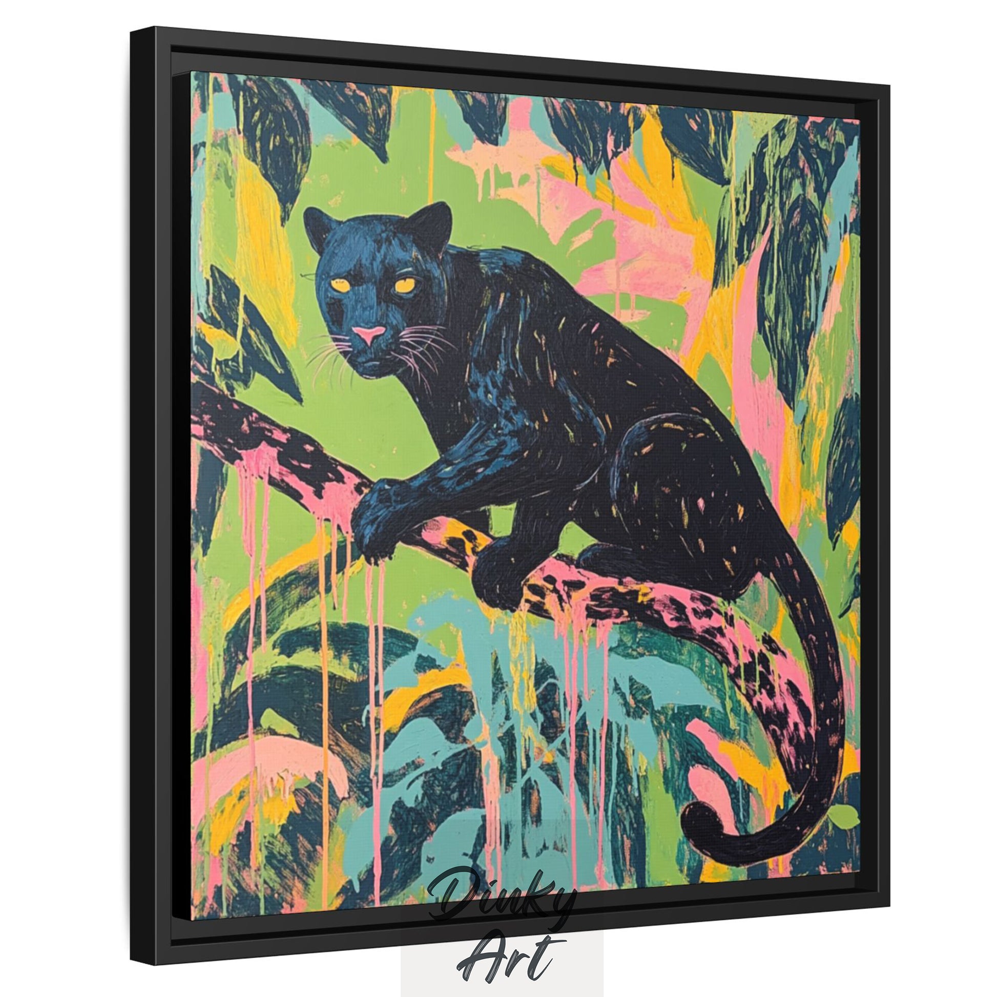 Shop “Midnight Panther in Paradise” – exclusive Black Panther wall art by Dinky Art. Available as print or hand-painted oil on canvas, rolled or stretched.