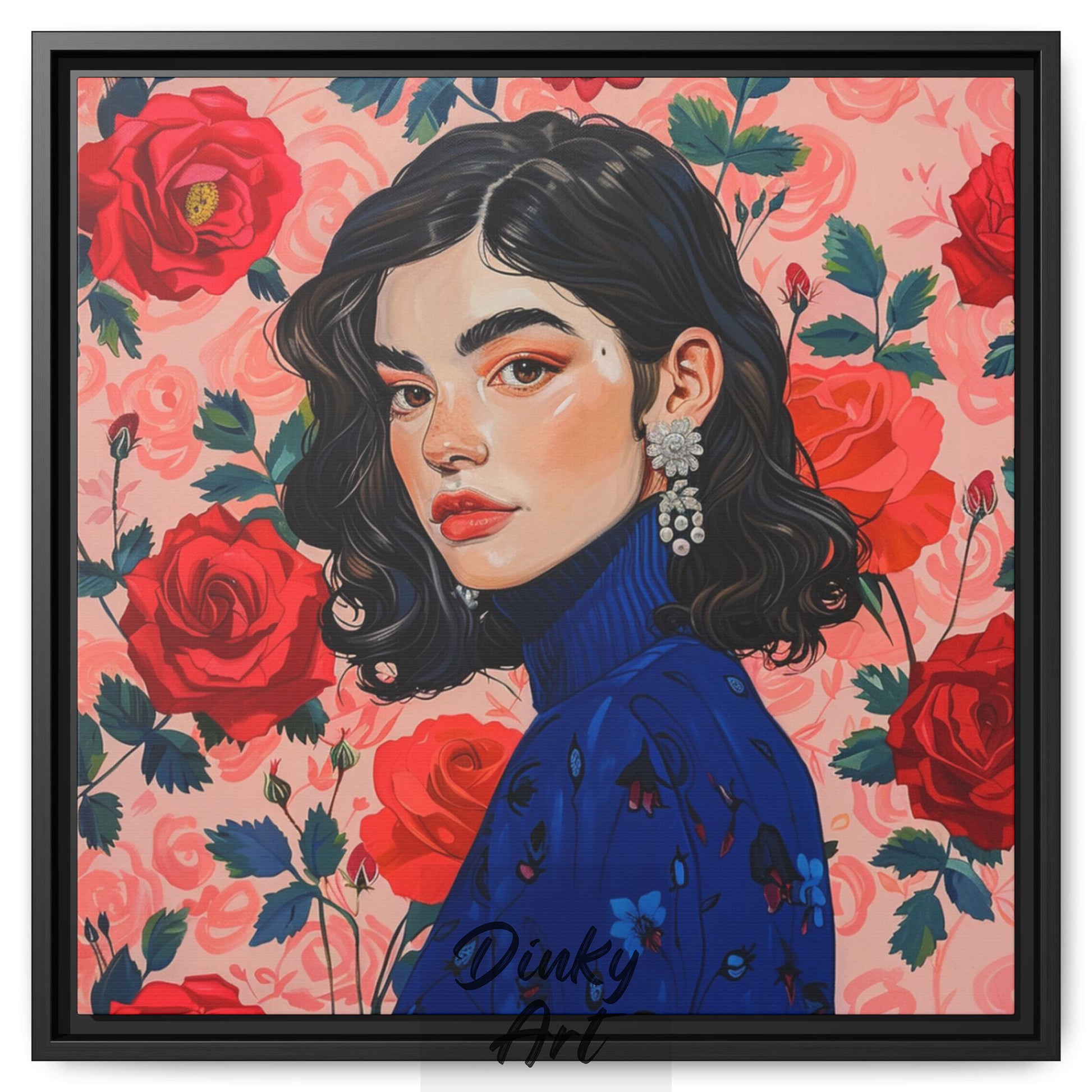 Shop “Lady in Bloom” – a modern portrait of a woman among red roses. Available as print or hand-painted oil on canvas, rolled or stretched at Dinky Art.