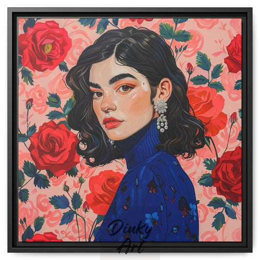 Shop “Lady in Bloom” – a modern portrait of a woman among red roses. Available as print or hand-painted oil on canvas, rolled or stretched at Dinky Art.
