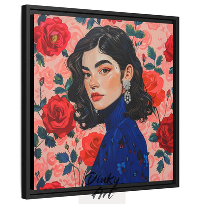Shop “Lady in Bloom” – a modern portrait of a woman among red roses. Available as print or hand-painted oil on canvas, rolled or stretched at Dinky Art.