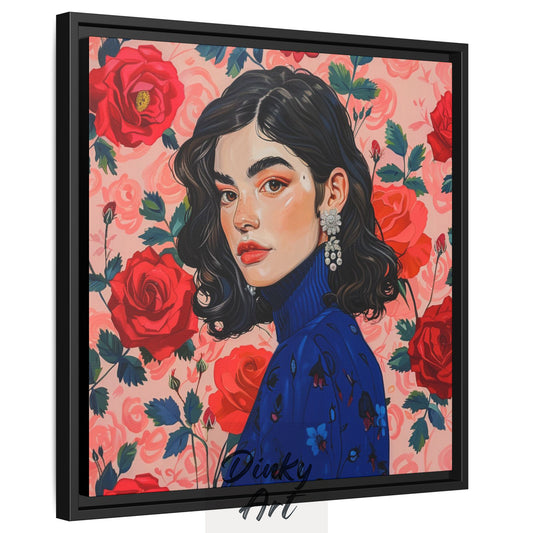 Shop “Lady in Bloom” – a modern portrait of a woman among red roses. Available as print or hand-painted oil on canvas, rolled or stretched at Dinky Art.