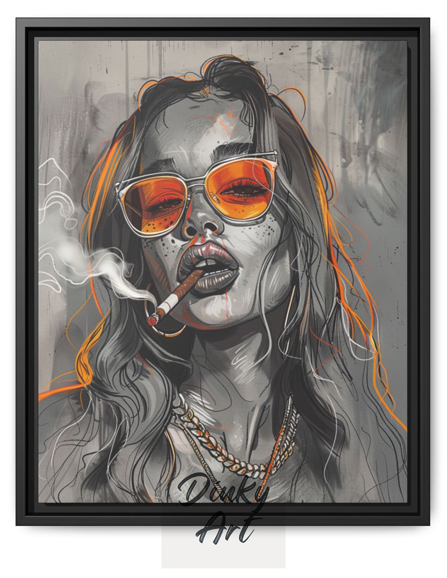 Shop “Femme Rebel” – bold modern pop art of a woman with orange sunglasses and attitude. Available as print or hand-painted oil on canvas at Dinky Art.