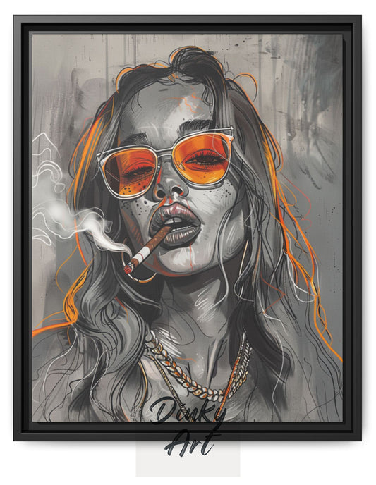 Shop “Femme Rebel” – bold modern pop art of a woman with orange sunglasses and attitude. Available as print or hand-painted oil on canvas at Dinky Art.