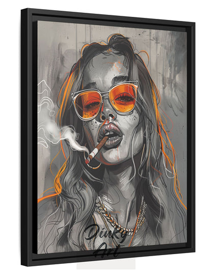 Shop “Femme Rebel” – bold modern pop art of a woman with orange sunglasses and attitude. Available as print or hand-painted oil on canvas at Dinky Art.