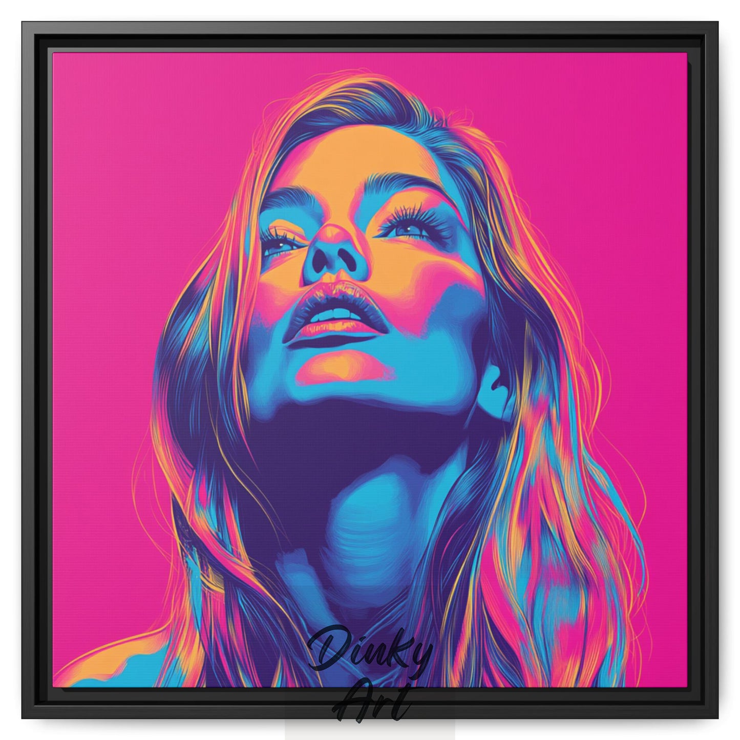 Shop “Electric Muse” – bold neon pop art portrait in vivid pink, blue, and orange. Available as print or hand-painted oil on canvas at Dinky Art.