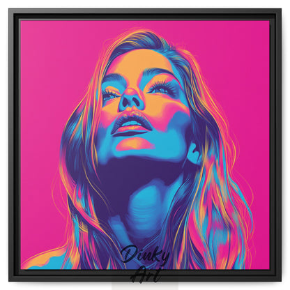 Shop “Electric Muse” – bold neon pop art portrait in vivid pink, blue, and orange. Available as print or hand-painted oil on canvas at Dinky Art.