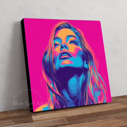 Shop “Electric Muse” – bold neon pop art portrait in vivid pink, blue, and orange. Available as print or hand-painted oil on canvas at Dinky Art.