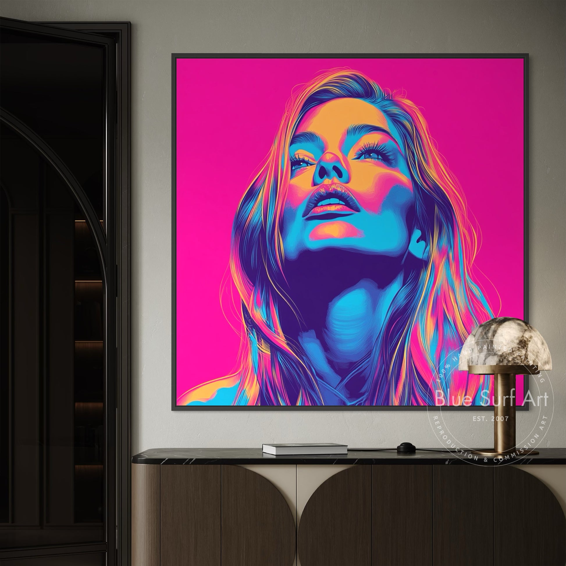 Shop “Electric Muse” – bold neon pop art portrait in vivid pink, blue, and orange. Available as print or hand-painted oil on canvas at Dinky Art.