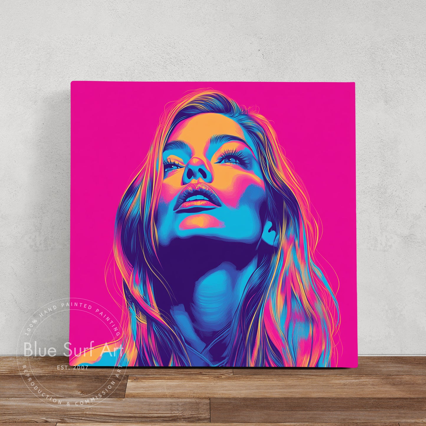 Shop “Electric Muse” – bold neon pop art portrait in vivid pink, blue, and orange. Available as print or hand-painted oil on canvas at Dinky Art.